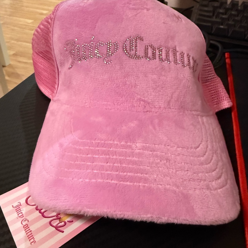 Juicy Couture Plush Pink Hat with Rhinestone Logo